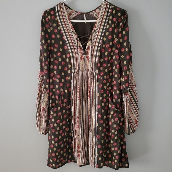 Free People Rain Or Shine Pebble Print Bohemian Floral Tunic Mini Dress Size S - Picture 3 of 9